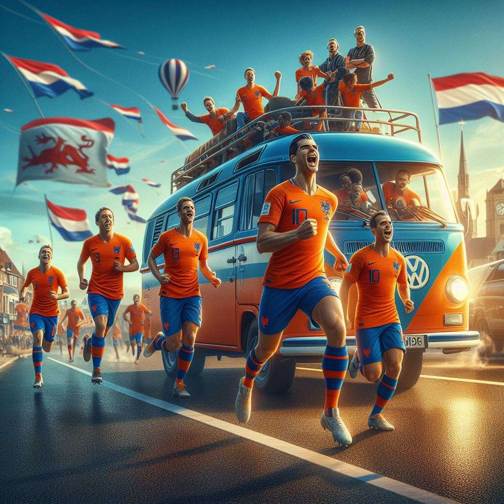 Een afbeelding van het Nederlands Elftal op weg naar de EK finale