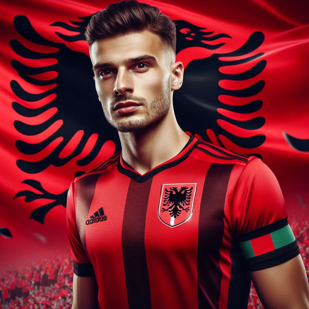 Voetballer van Albanië in het shirt van het Albanese nationale elftal voor het EK 2024