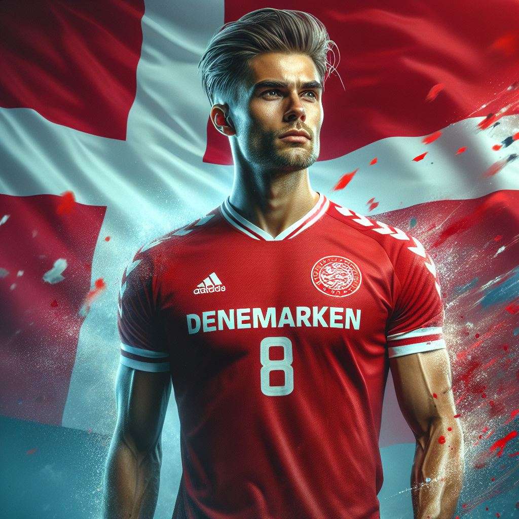 Voetballer van Denemarken in het shirt van het Deense nationale elftal voor het EK 2024