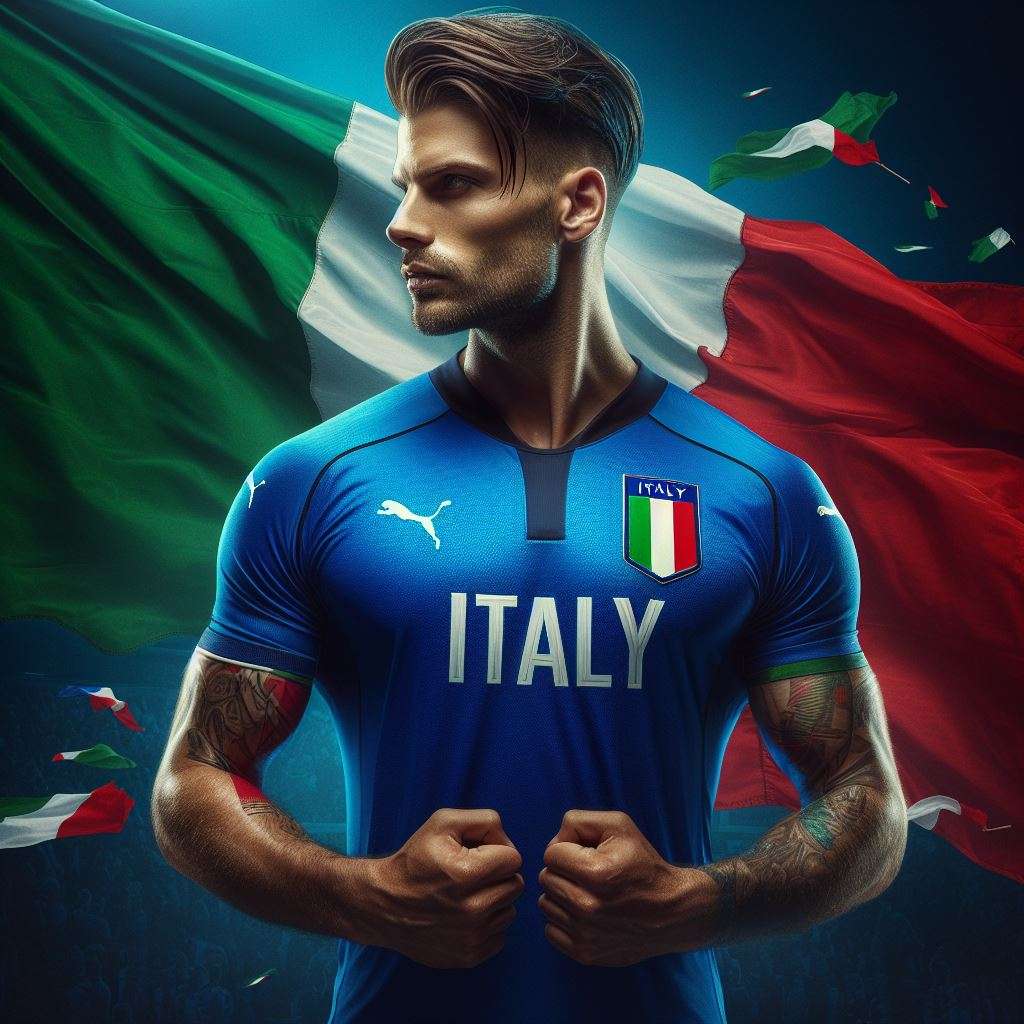 Voetballer van Italië in het shirt van het Italiaanse nationale elftal voor het EK 2024