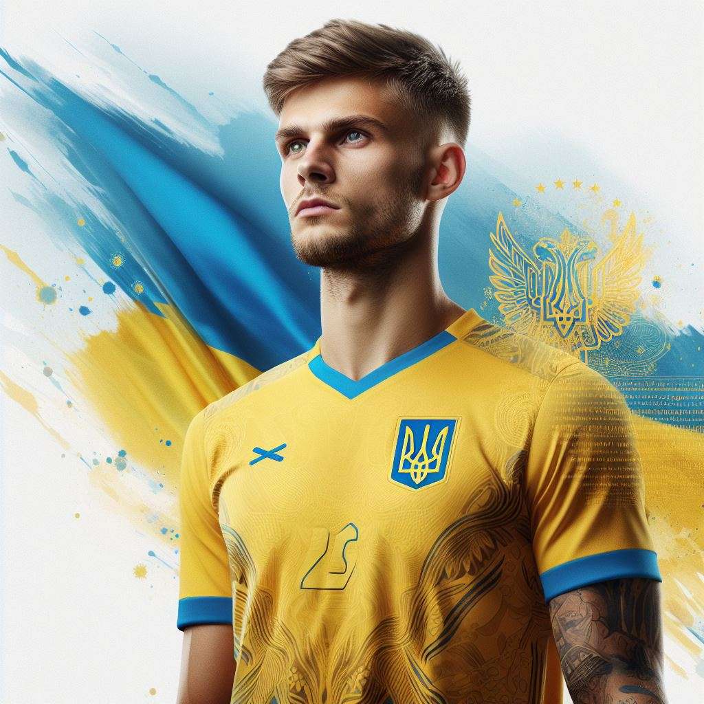 Voetballer van Oekraïne in het shirt van het Oekraïnse nationale elftal voor het EK 2024