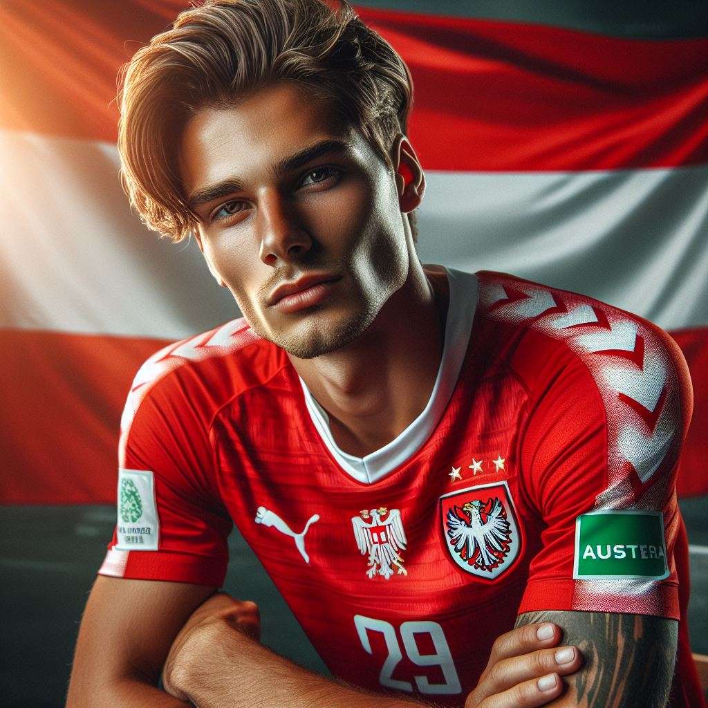Voetballer van Oostenrijk in het shirt van het Oostenrijks nationale elftal voor het EK 2024