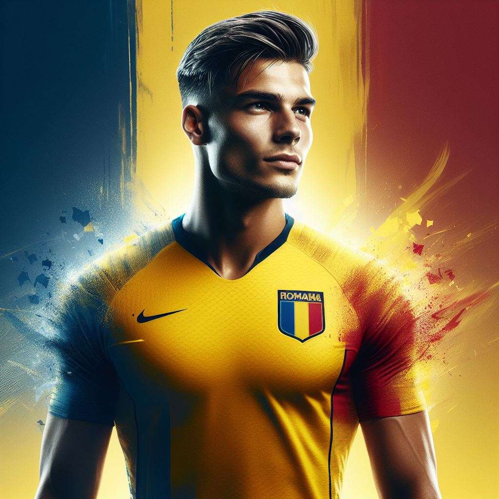 Voetballer van Roemenië in het shirt van het Roemeens nationale elftal voor het EK 2024