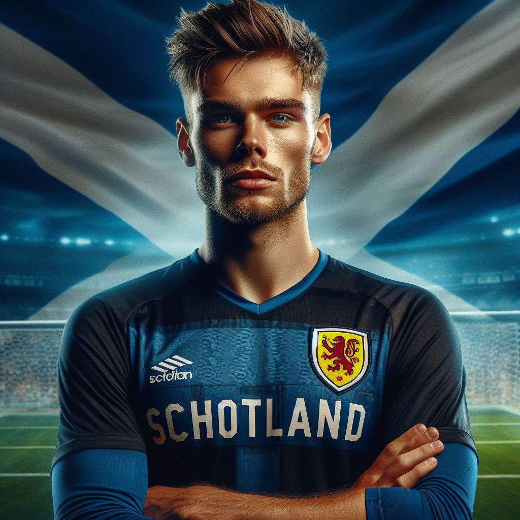 Voetballer van Schotland in het shirt van het Schotse nationale elftal voor het EK 2024